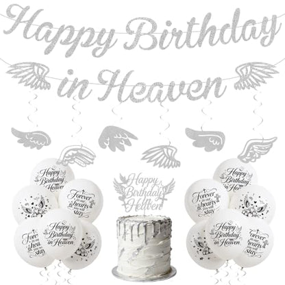 Happy Birthday in Heaven Decorations, Silver Glitter Heavensent Banner Set | Pre-strung Banners, Angel Wings Hanging Swirls Cake Topper White Balloons, Funeral Remembrance Heavenly Party Supplies - color: Silver