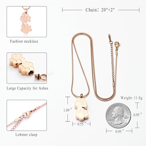Pet Urns For Dogs/Cats - Pet Ashes Necklace - Paw Print Urn Necklace with Mini Keepsake Urn Memorial Ash Jewelry - color: Rose Gold