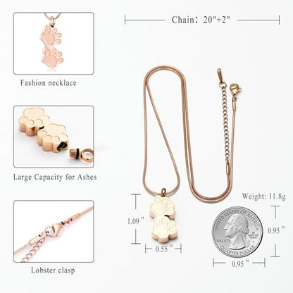 Pet Urns For Dogs/Cats - Pet Ashes Necklace - Paw Print Urn Necklace with Mini Keepsake Urn Memorial Ash Jewelry - color: Rose Gold
