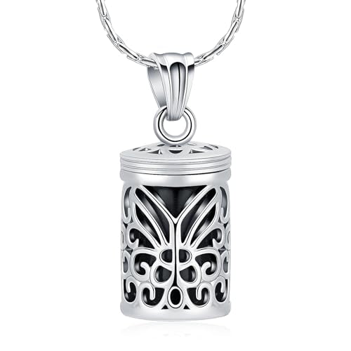 constantlife Cylinder Cremation Jewelry for Ashes Hollow Butterfly Urn Necklace for Women Men Memorial Vial Urns for Human/Pet Ashes - color: Silver-black