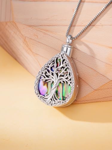 WINNICACA Cremation Jewelry for Ashes Locket Ashes Necklace Urn Necklace for Women Sterling Silver Cremation Necklace for Ashes Fine Keepsake Picture Necklace Memorial Jewelry - style: F01-Tree of Life Teardrop Urn Necklace(Abalone)
