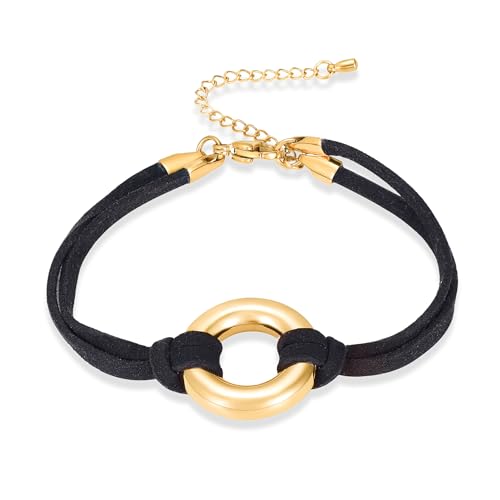 Oinsi Circle Of Life Cremation Jewelry Black Genuine Leather Memorial Urn Bracelet For Ashes Of Loved One Keepsake Holder For Women Men - color: Gold