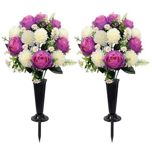 Wocst Cemetery Flowers for Graves 2PCS Grave Roses Silks Bouquets with Vases for Outdoor Grave Decorations Weatherproof,NO-Fading - color: Purple Red