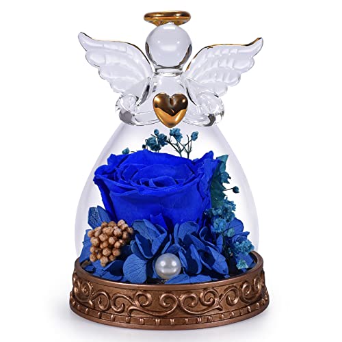 Preserved Real Rose in Glass Angel Figurine with LED Light, Angel Gifts for Women, Mom, Grandma on Mother's Day Christmas Birthday (Navy) - color: Navy Blue