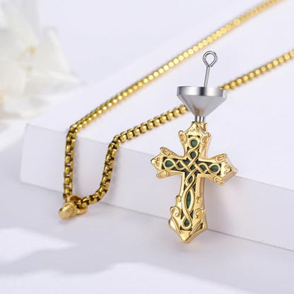 925 Sterling Silver Celtic Cross Urn Necklace for Ashes | Memorial Keepsake Cremation Catholic Jewelry for Men Women - color: Green