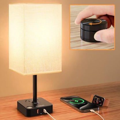Bedroom Nightstand Lamp with Charger, Touch Table Lamps with Remote Control - color: Ivory White