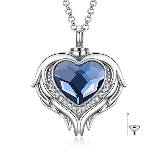 AOBOCO 925 Sterling Silver Angel Wing Heart Cremation Urn Necklace Holds Loved Ones Ashes, Memorial Keepsake Cremation Jewelry Necklace for Women - color: Silver with Blue Heart