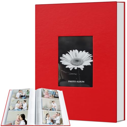 Popotop Photo Album 4x6 300 Photos with Writing Space, Leather Cover Album with Display Picture Window, Photo Book for Wedding Family Baby Gift - color: Red, size: 300 Pockets