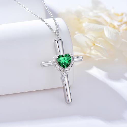 TOUPOP Cross Urn Necklaces for Ashes Birthstone Cremation Jewelry 925 Sterling Silver Cross Memorial Keepsake Funeral Jewelry for Women (with Funnel Filler) - color: 05-May-Emerald