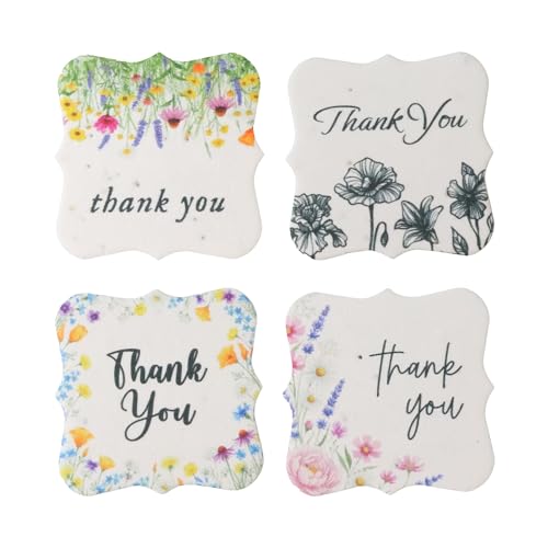 48 Plantable Square Thank You Tags, 4 Floral Designs | Includes 4 floral designs, 12 of each; writable tags for birthdays, weddings, bridal showers, gifts, favors, and wrapping - style: 48 Square Tags