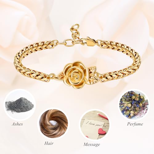 Minicremation Women's Adjustable Rose Urn Bracelet Ashes Holder Memorial Elegant Link Chain Keepsake Cremation Bangle to Hold Ashes - color: Gold-A