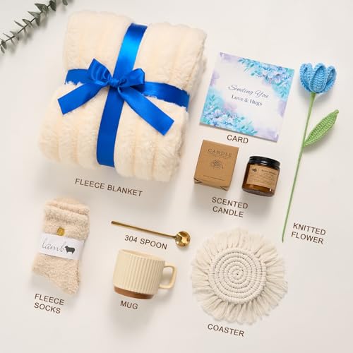 Get Well Soon Gifts for Women, Hug in a Box Care Package with Blanket & Mug, Surgery Recovery Gift Basket for Mom, Grandma, Sister, Friends – Blue Comfort Box with Best Wishes for Mother's Day