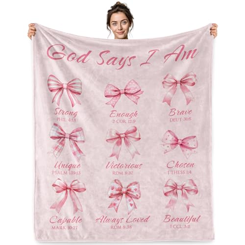 Jekeno Christian Gifts Blanket God Says I Am Pink Bow Scripture Blanket | 50x60 Inch Flannel Christian Blanket Gifts For Christmas Birthday Easter Women Girls - color: God Says I Am, size: 50x60 Inch