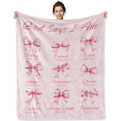 Jekeno Christian Gifts Blanket God Says I Am Pink Bow Scripture Blanket | 50x60 Inch Flannel Christian Blanket Gifts For Christmas Birthday Easter Women Girls - color: God Says I Am, size: 50x60 Inch