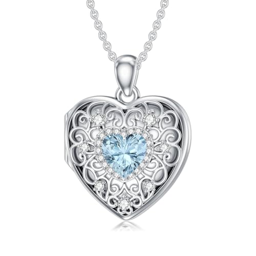 Heart Locket Necklace 925 Sterling Silver Personalized Picture Locket Pendant Birthday Christmas Jewelry Memorial Gifts for Women - color: March Crystal Locket