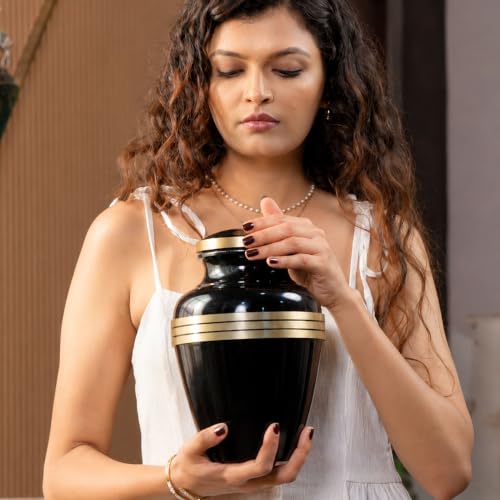 Cremation Urn for Human Ashes Adult Male/Female, 200+ Cubic Inch Capacity, 10 x 7 Inch Metal Funeral Urn with Secure Screw-Top Lid, Avlon Midnight Black Gold, Velvet Bag Included - color: Midnight Black Gold, size: Avlon 10x7