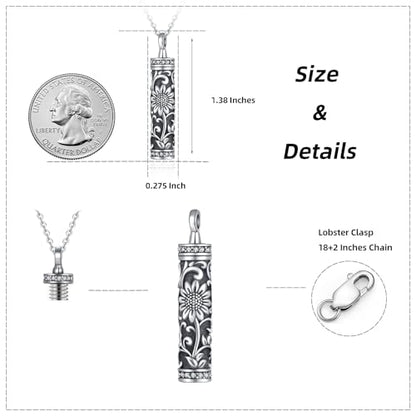 Sterling Silver Flower Tree Life Cremation Urn Necklace for Women - color: Cylin *Sunfl. 1 (Zir GP)
