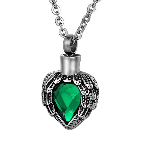 COCO Park Cremation Jewelry Stainless steel Angel Wing Heart Urn Pendant with Birthstone Memorial Necklace for Ashes - color: Green