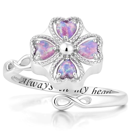 ZOEXUE Four Leaf Clover Cremation Urn Ring for Women, 925 Sterling Silver Adjustable Open Memorial Keepsake Ring with Opal Stones, Holds Ashes Bereavement Sympathy Gift - color: purple