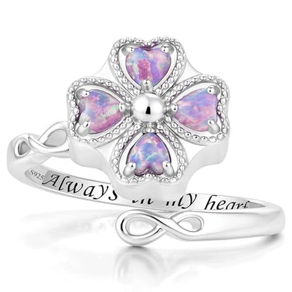 ZOEXUE Four Leaf Clover Cremation Urn Ring for Women, 925 Sterling Silver Adjustable Open Memorial Keepsake Ring with Opal Stones, Holds Ashes Bereavement Sympathy Gift - color: purple
