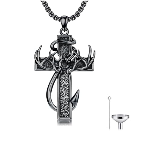 Cross Urn Necklace for Ashes Fish Hook Antler Cremation Pendant 925 Sterling Silver Nail Cross Memorial Jewelry Engraving Name Keepsake Gifts for Men Dad Husband - color: 1-Black, style: 2-Custom engraving