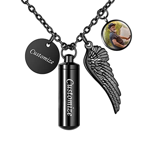 Dletay Cylinder Urn Necklace for Ashes Butterfly Cremation Jewelry for Ashes Memorial Keepsake Pendant with Angel Wing Round Tag Stainless Steel Remembrance Jewelry - color: Black M, style: Custom