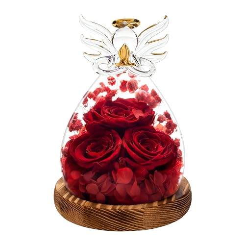 Preserved Real Rose Eternal Forever Flower in Glass Angel Dome with LED Lights - Romantic Gift for Women Her Wife Mom - Birthday Anniversary Valentine's Day Mother's Day Wedding Decoration (Red) - color: Red