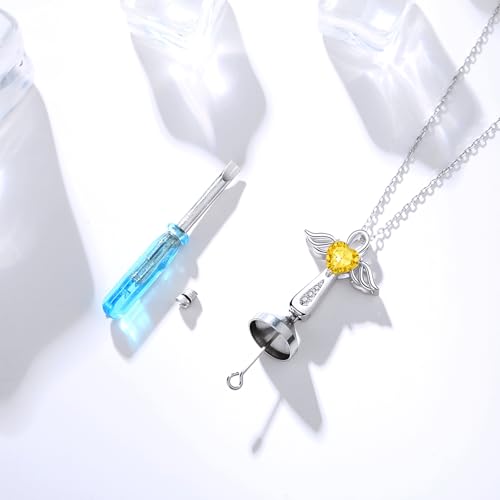 YLT S925 Sterling Silver Cross Angel Wings Necklace for Ashes | Cremation Urn Pendant Birthstone Jewelry Memorial Keepsake Memory Ashes Jewelry Gifts - color: Golden