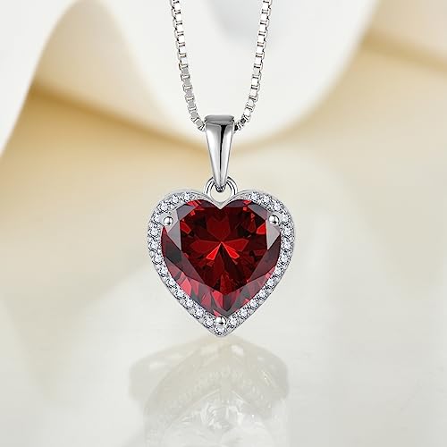 925 Sterling Silver Halo Heart Necklace for Women | Lwsary Love Heart Necklace, Heart Cut Birthstone Jewelry for Her - color: Red