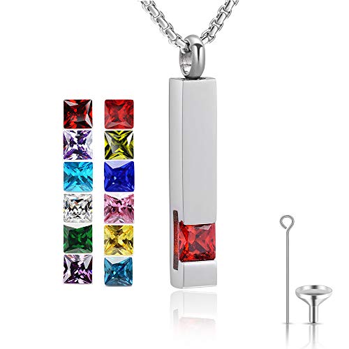 YOUFENG Urn Necklaces for Ashes Birthstone Cube Urns for Human Ashes Memorial Cremation Urn Locket Keepsake Ashes Jewelry - style: Silver - July