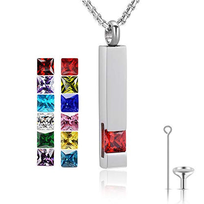 YOUFENG Urn Necklaces for Ashes Birthstone Cube Urns for Human Ashes Memorial Cremation Urn Locket Keepsake Ashes Jewelry - style: Silver - July