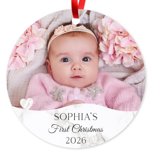 Personalized Baby First Christmas Ornaments Boy/Girl, Custom Photo and Name 2025 Christmas Tree Ornament, Velvet Pouch Included, 3.75" ACM Ornament, Made in The USA - color: Baby Heart