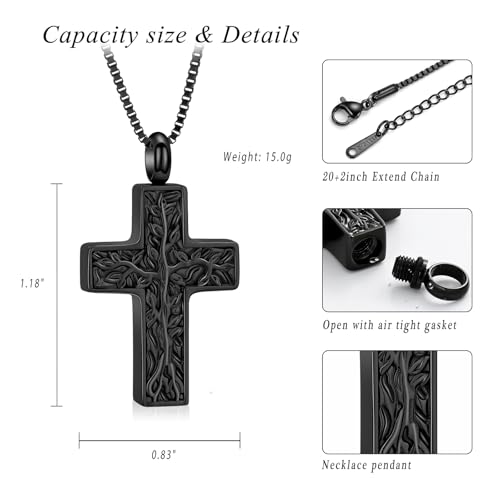 XSMZB Cross Urn Necklace for Ashes for Women Men Tree of Life Cross Cremation Jewelry Keepsake Pendant for Ashes of Loved One - color: Black