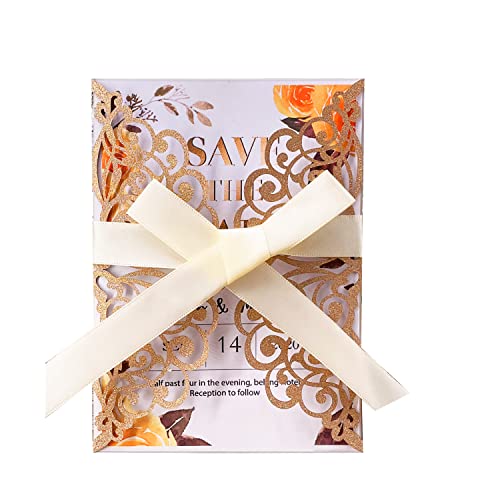 50Pcs Laser Cut Wedding Invitation With Glitter Envelopes And Ribbons Blank Personalized Card Invitaciones Para quinceañera Birthday Baby Shower Christmas Party Bridal Shower (Rose Gold) - color: Rose Gold