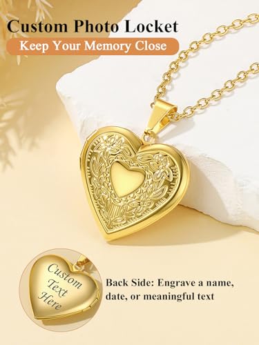 Custom4U Personalized Heart Locket Necklace with Pictures,Sunflower/Angel Wings/Heart Shaped Lockets Custom Photo,Gold/Rose Gold/White Lockets That Holds Picture,Customized Memorial Jewelry for Women - color: B-Heart-Gold(Locket + Photo + Engraving)