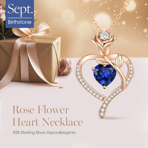 925 Sterling Silver Rose Love Heart Birthstone Necklaces for Women Jewelry | Hypoallergenic Nickel-Free & Lead-Free Pendant,Birthday Anniversary Christmas Gift for Women Wife Mom Girlfriend - color: Rose Gold-09-Sep