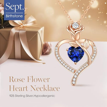 925 Sterling Silver Rose Love Heart Birthstone Necklaces for Women Jewelry | Hypoallergenic Nickel-Free & Lead-Free Pendant,Birthday Anniversary Christmas Gift for Women Wife Mom Girlfriend - color: Rose Gold-09-Sep
