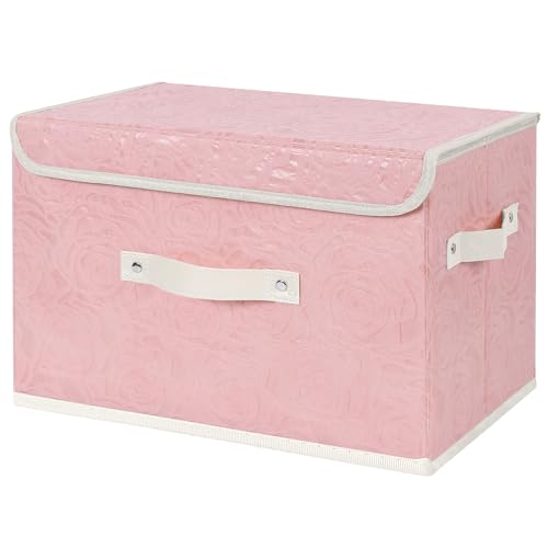 ANMINY Fabric Storage Box Bins with Lids, Rose Print, Pink, Large | Keepsake Memory Storage, Nonwoven Fabric, PP Board Frame, Washable, PU Handles, Foldable Stackable, Decorative, 15"x10"x10" - size: Large (Pack of 1)