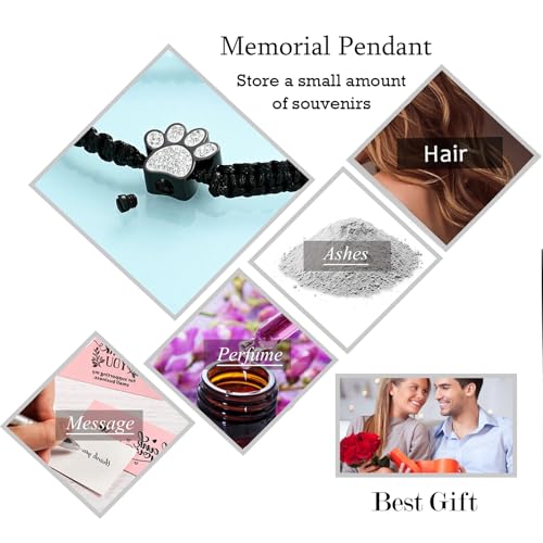 Hearbeingt Paw Print Urn Bracelet for Ashes Pet Cremation Jewelry | Stainless Steel,Adjustable Braided Rope,Mini Ash Holder for Dog Cat,Memorial Keepsake Jewelry, Bereavement Gift Pet Loss - color: A-Black