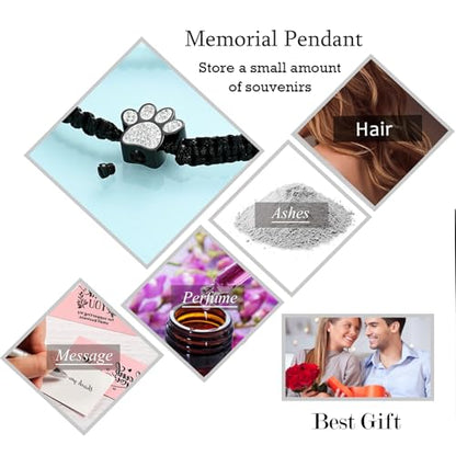 Hearbeingt Paw Print Urn Bracelet for Ashes Pet Cremation Jewelry | Stainless Steel,Adjustable Braided Rope,Mini Ash Holder for Dog Cat,Memorial Keepsake Jewelry, Bereavement Gift Pet Loss - color: A-Black