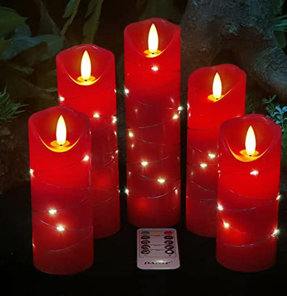 DANIP Red LED Flameless Candle with Embedded Star String, 5Piece LED Candle with 11 Button Remote Control, 24 Hours Timer Function, Dancing Flame, Real Wax, Battery Powered. - color: CrimsonW#1*5