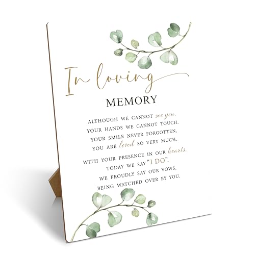 Wedding Memorial Sign, Wedding Party Supplies For Reception, In Loving Memory Wedding Sign With Stand, Gold Foil Greenery Wooden Tabletop Decor For Wedding, Funeral Sympathy Remembrance Gifts, 01