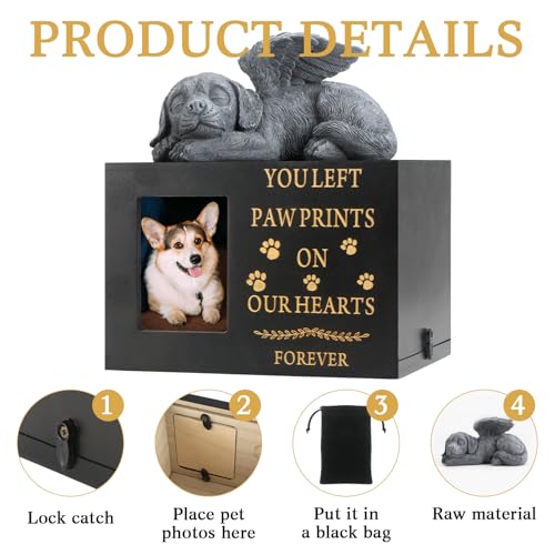 Pet Urns for Dog with Dog Angel, Wooden Pet Memorial Urns with Photo Frame, Pet Cremation Urns Keepsake Memory Box with Black Flannel as Lining, Loss Pet Memorial Remembrance Gift - size: Medium with Angel Dog