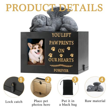 Pet Urns for Dog with Dog Angel, Wooden Pet Memorial Urns with Photo Frame, Pet Cremation Urns Keepsake Memory Box with Black Flannel as Lining, Loss Pet Memorial Remembrance Gift - size: Medium with Angel Dog