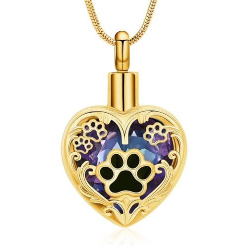 Heart Urn Necklace For Ashes Birthstone Pet Memorial Jewelry Dog Paw Print Cremation Pendant Stainless Steel Keepsake Gift For Pet Lovers - color: Gold purple