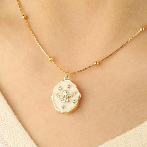 Gold Locket Necklace for Women Vintage, Oval Angel Shell Locket Pendant that Holds Picture Photo Memorial Necklace Personalized Protection Jewelry Birthday Gifts