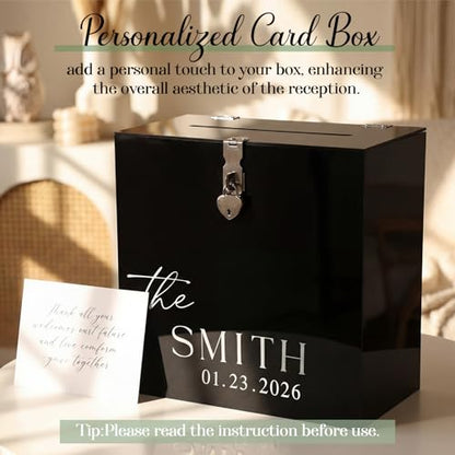 Novabright 10 Inches Wedding Acrylic Card Box with Slot Lock and Last Name Transfers Money Box for Bridal Shower Wedding, Baby Shower Birthday Party, No Assembly Needed(Black,Classic Style) - color: Black, style: Classic Style