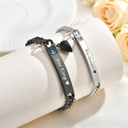 MEALGUET Matching Couple Bracelets for Men Women : His Hers Stainless Steel Cuban Link Chain Bracelets Set for Boyfriend Girlfriend Husband Wife, Romantic Gifts for Valentines Birthday Anniversary - style: Her King/His Queen