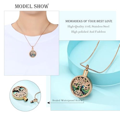 Hearbeingt Tree of Life Urn Necklaces for Ashes Circle Cremation Jewelry - color: B-Rose Gold