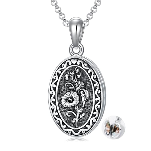 Birth Flower Photo Locket Necklace 925 Sterling Silver 12 Month Locket Necklace with Picture Birth Flower Photo Jewelry Gifts for Women Mother Mom Daughter - color: 09--September-Morning glories, style: 1.no custom
